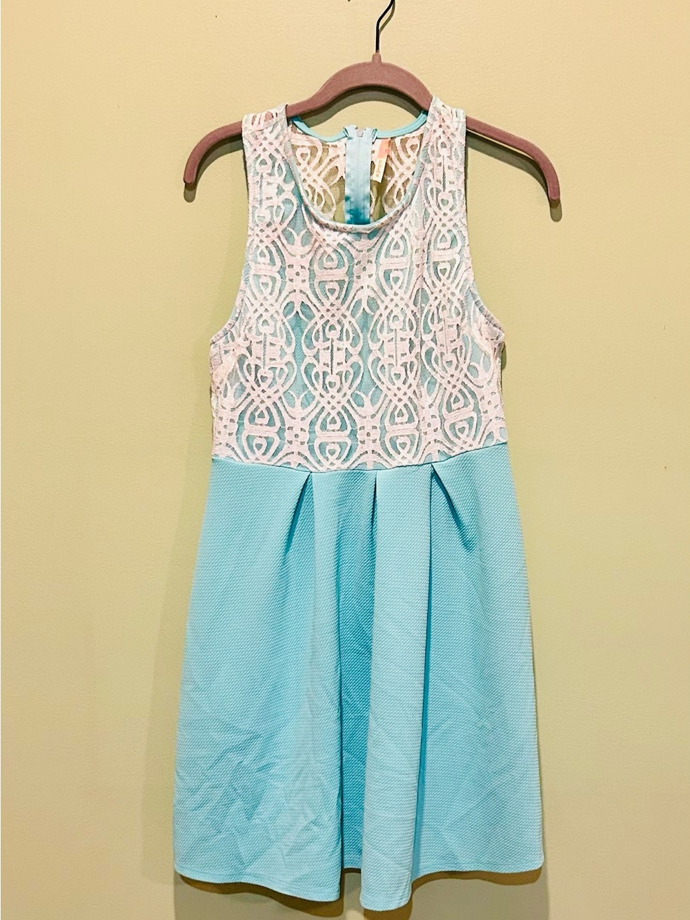 Poema Aqua Blue and White Lace Bodice Mini Dress